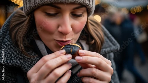 Young woman enjoying roasted chestnuts at a festive outdoor market in winter.