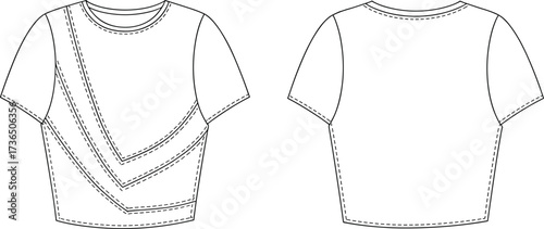 Modern women’s crop top flat fashion vector illustration with unique curved seam lines, front and back technical garment sketch
