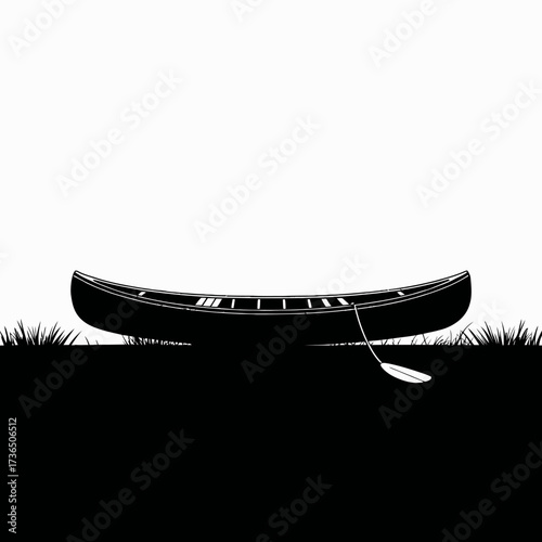 Silhouette of a Canoe Resting on the Shore with Paddle in Minimalist Style Adventure Awaits