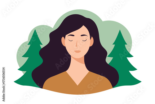 Peaceful Woman with Closed Eyes in Forest Landscape, Cartoon Illustration for Nature Wellness