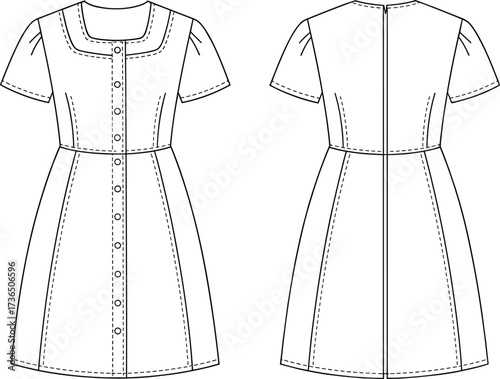 Short sleeve button front dress vector illustration with square neckline and waist seam technical flat fashion drawing for apparel design