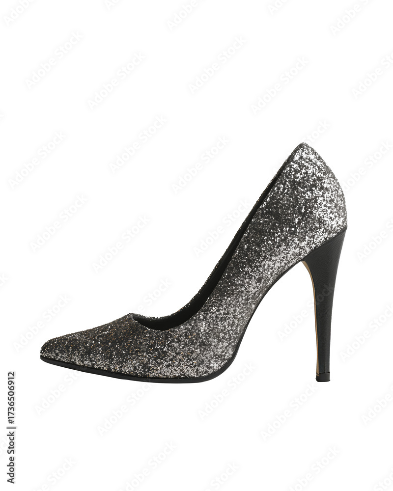 Obraz premium Single glitter pump with gunmetal sequins, pointed toe and satin black heel isolated on transparent background. 