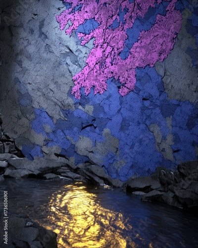 Stylized rocky wall with textured lines in blue, gray, and pink, reflected in calm water with golden light