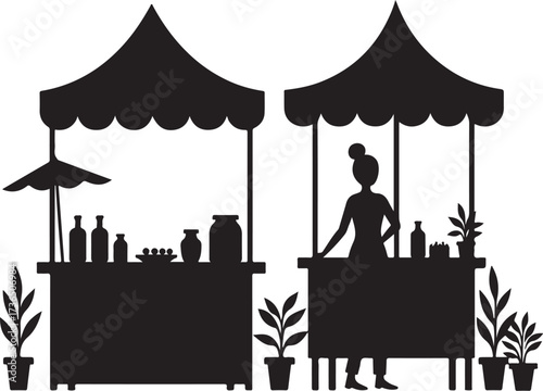 Black silhouette of two market stalls with vendor and products