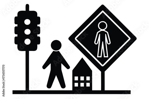 Pedestrian Crossing Sign, Traffic Light, and Walker Illustration Safety and Awareness Pictogram