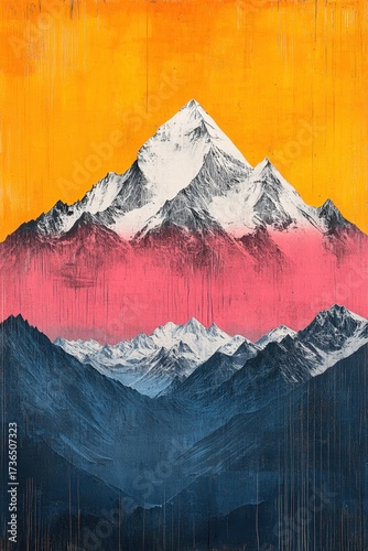 Stylized snow-capped mountain range with vibrant orange sky and paint streaks, high peak with pink layer separation