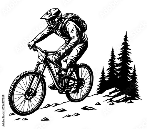 Mountain Biker Riding Downhill Vector Illustration, Mountain Biking, Extreme Sport, Downhill, Bicycle, Adventure