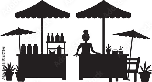Black silhouette of two market stalls with umbrellas and vendor