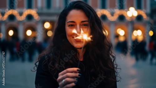 Young Woman Holding Sparkler at Night with Bokeh Lights.