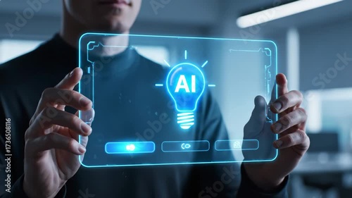 AI Technology Concept Displayed on Futuristic Tablet - A person holds a futuristic, transparent tablet displaying a glowing AI lightbulb icon.