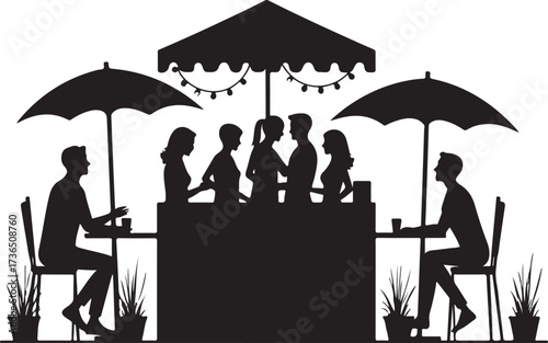 Black silhouette of people dining outdoors under umbrellas