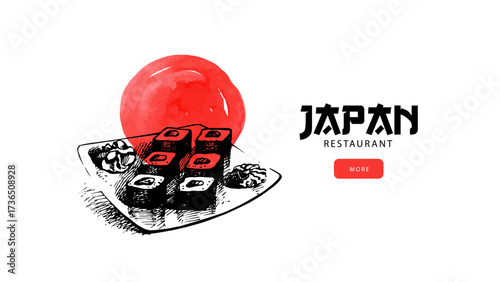 Japanese food hand drawn banner. Vintage sketch sushi vector illustration