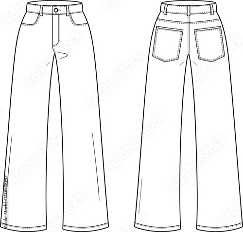 Wide leg pants flat fashion vector illustration showing front and back views with waistband, belt loops, pockets, and detailed stitching