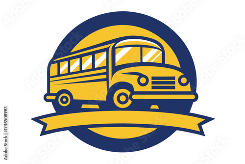 Retro School Bus Emblem in Yellow and Blue Circle With Ribbon Banner