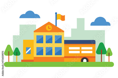 School Building Illustration with Blue Clouds and Green Trees on White Background