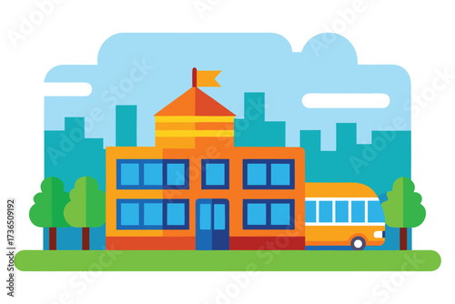 School Building With Bus, City Silhouette, Trees, and Sky in a Flat Illustration