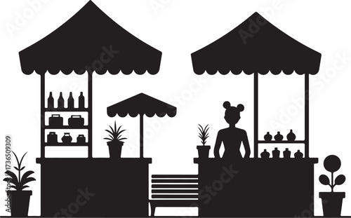 Black silhouette of outdoor market stalls with vendor and plants