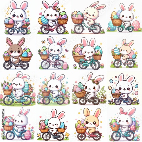 set compilation of cute cartoon illustration easter bunny on bicycle and eggs in baskets on the bike front and back on white background