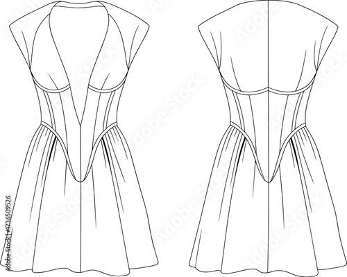 Women deep plunge corset dress flat sketch vector illustration showing front and back technical fashion design with flared skirt silhouette
