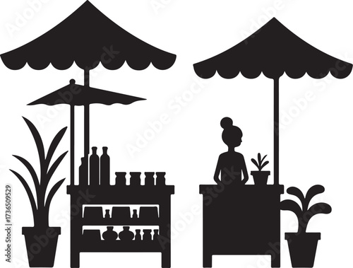 Black silhouette of outdoor market stalls with plants and products