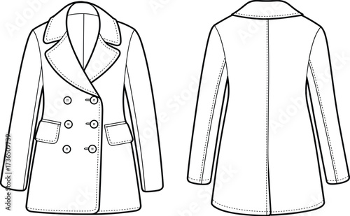 Women double-breasted coat technical flat fashion vector sketch front and back view template for outerwear design illustration