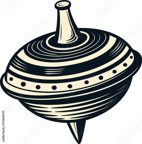 Vintage spinning top toy with stripes and dots