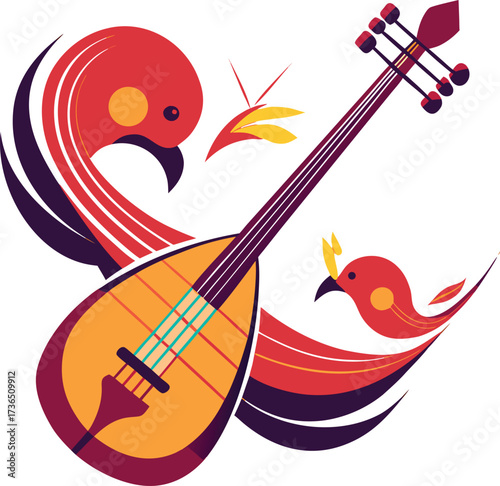 Morin Khuur and Duduk with Floral Elements – Abstract Musical Instrument Vector Illustration”