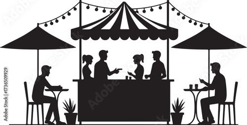 Black silhouette of outdoor cafe with people and string lights
