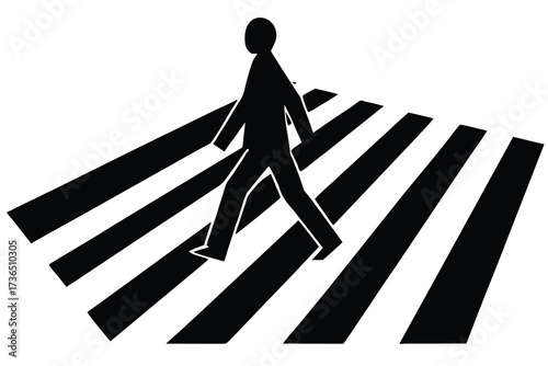 Silhouette Person Crossing Zebra Stripes Pedestrian Safety Symbol in Black and White Minimalist Design