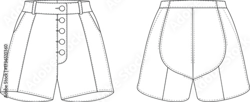 Women high waist button front shorts fashion flat sketch vector technical drawing front and back view for apparel design