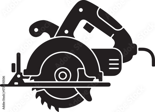 Black silhouette of a powerful electric circular saw with a sharp blade and ergonomic handle.