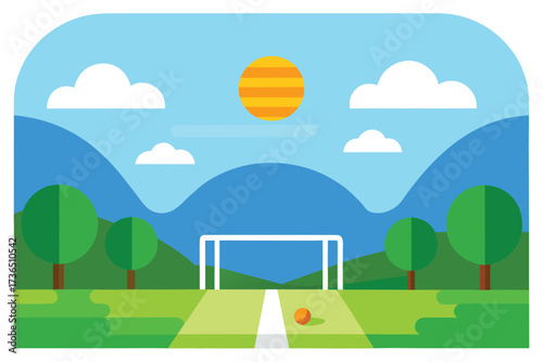 Simple Illustration of a Soccer Field with Goal, Ball, Sky, and Trees