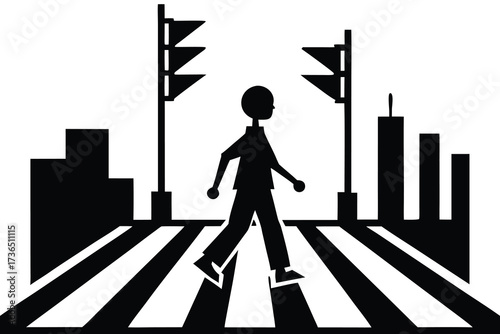 Stylized Pedestrian Crossing in Urban Silhouette with Crosswalk and Traffic Signals