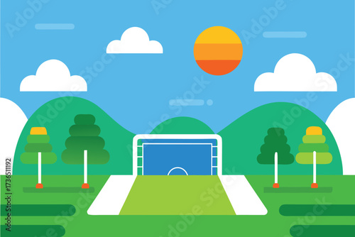 Stylized Soccer Field with Goal, Trees, and Sky in a Simple Flat Illustration