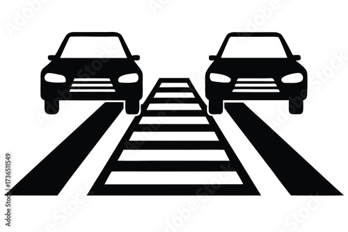 Two Black Cars Approaching a Zebra Crossing, White Background Minimalist Illustration