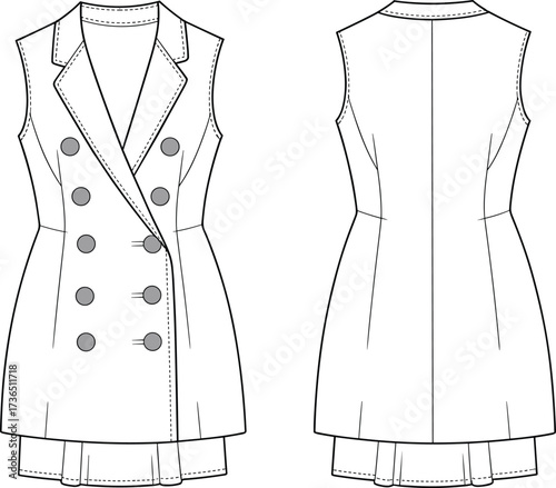 Women sleeveless double breasted blazer dress vector fashion flat technical drawing front and back view for clothing design template