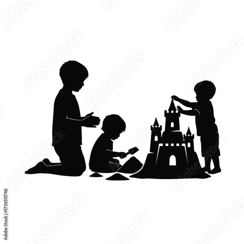 A creative children's imagination silhouette shows kids building a sandcastle together on a summer day