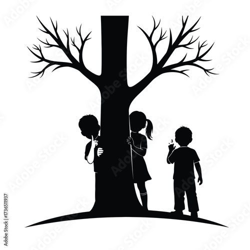 Charming children's imagination silhouette illustration of kids playing hide-and-seek behind a tree, evoking joyful childhood, freedom, and innocence
