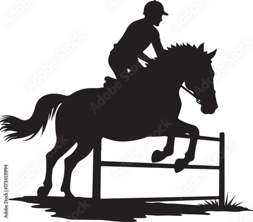 Black silhouette of horse and rider jumping over fence