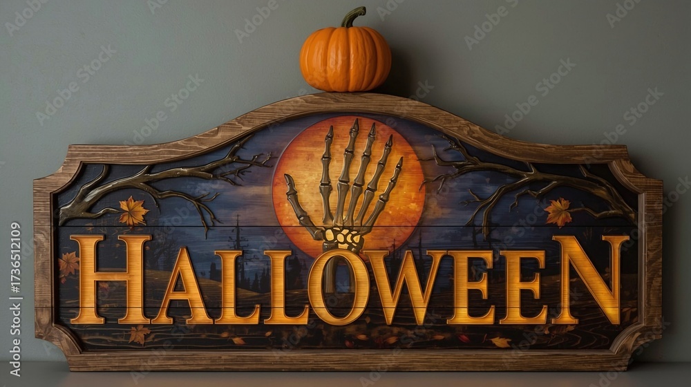 Naklejka premium Wooden Halloween Sign with Skeleton Hand and Pumpkin