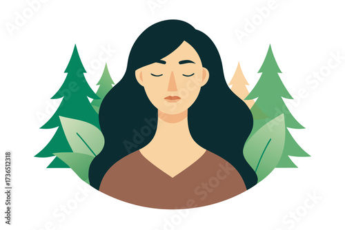 Woman With Eyes Closed Surrounded by Evergreen Trees and Leaves Illustration