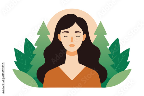 Woman with Closed Eyes, Long Black Hair, Surrounded by Green Trees and Leaves Illustration