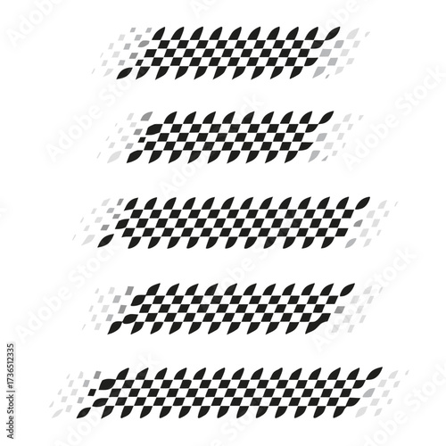Set of different black checkered logos for sport car decals and different moto racing designs

