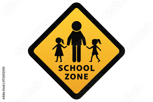 Yellow Diamond School Zone Warning Sign with Person and Two Children Images