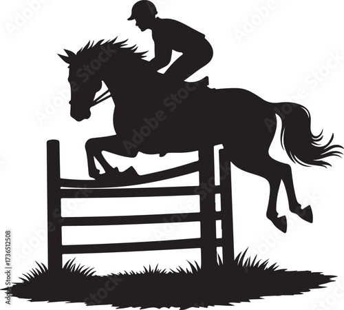 Black silhouette of horse and rider jumping over fence