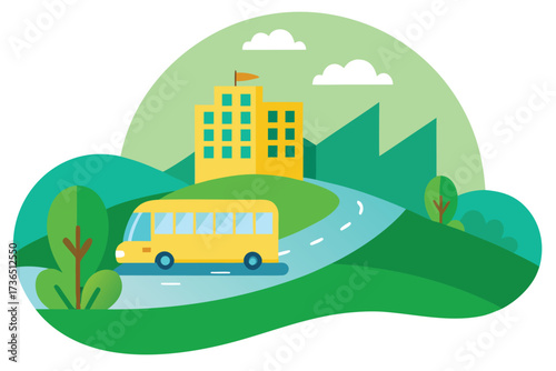 Yellow School Bus Driving on Road Towards Building With Trees and Clouds