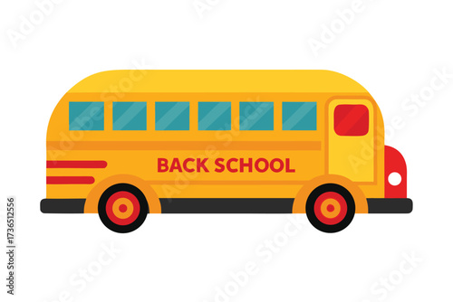 Yellow School Bus Cartoon with Back School Text, Red Accents, Isolated on White