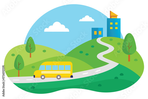 Yellow School Bus Driving on Road Towards Cityscape with Cartoonish Trees and Clouds