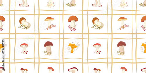 Autumn seamless pattern with wild mushrooms, herbs on a checkered background. Hand drawn forest mushrooms. Vector autumn background. Perfect for fabric, wrapping paper, textile and home decor.
