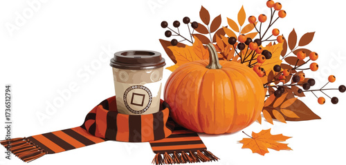 Autumn still life with pumpkin coffee cup scarf leaves and berries on white